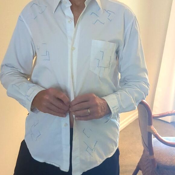 Pavi Shirt Made in Italy LG White Blue Embroidered Button Gigolo shirt - Picture 3 of 15